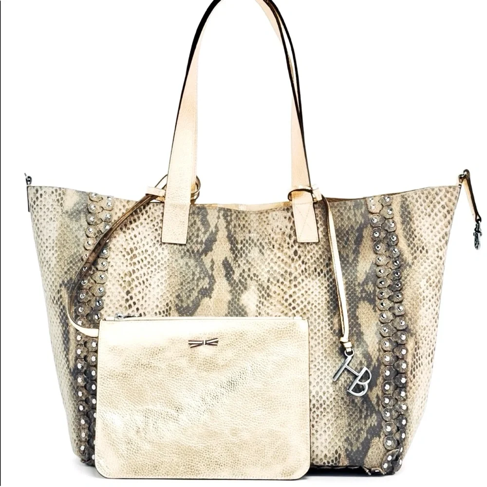 HENRI BENDEL Astrid Reversible Leather Suede Metallic Gold Snakeskin Python Hobo